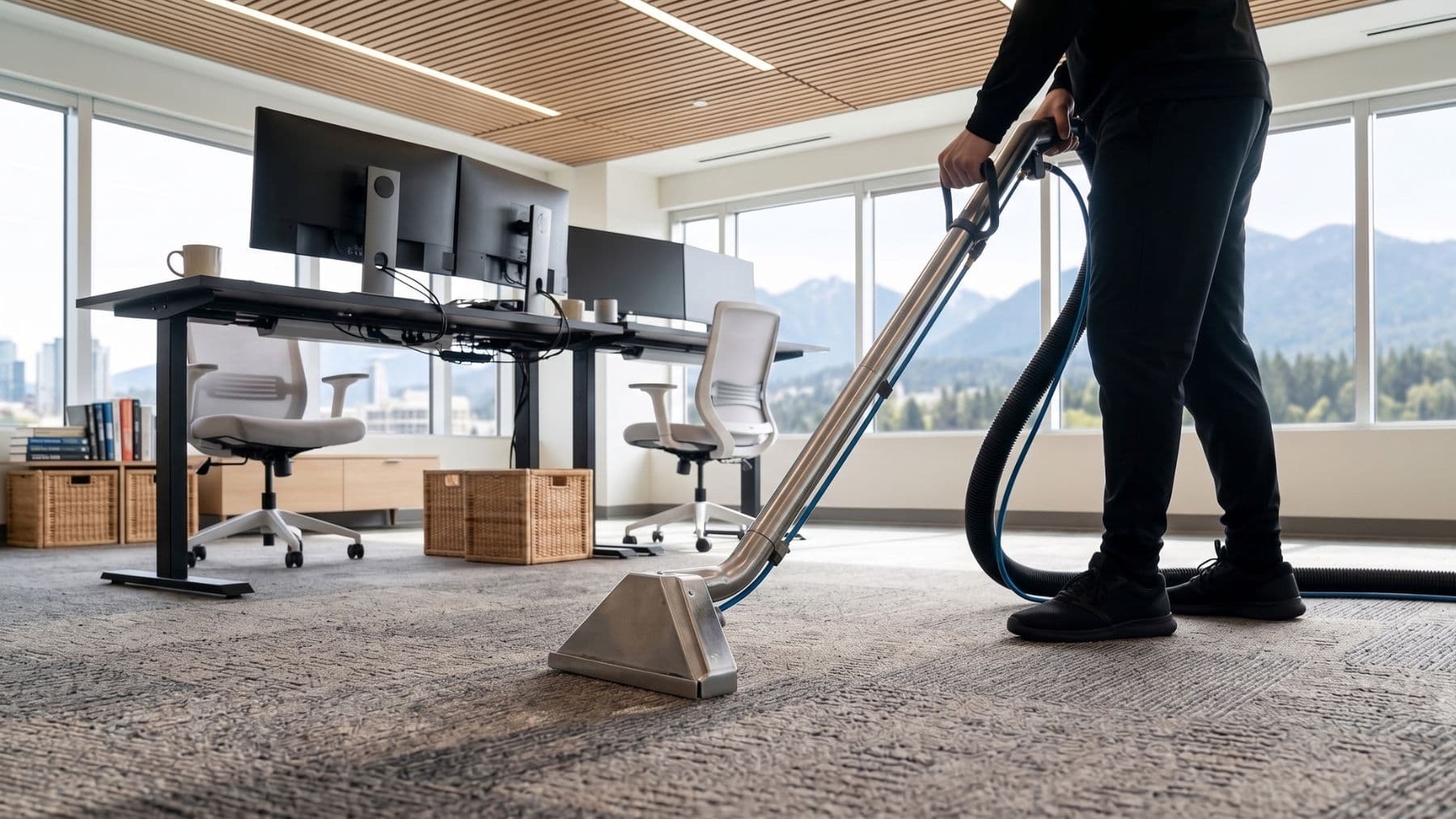 Professional commercial carpet cleaning in progress - Vancouver office hallway