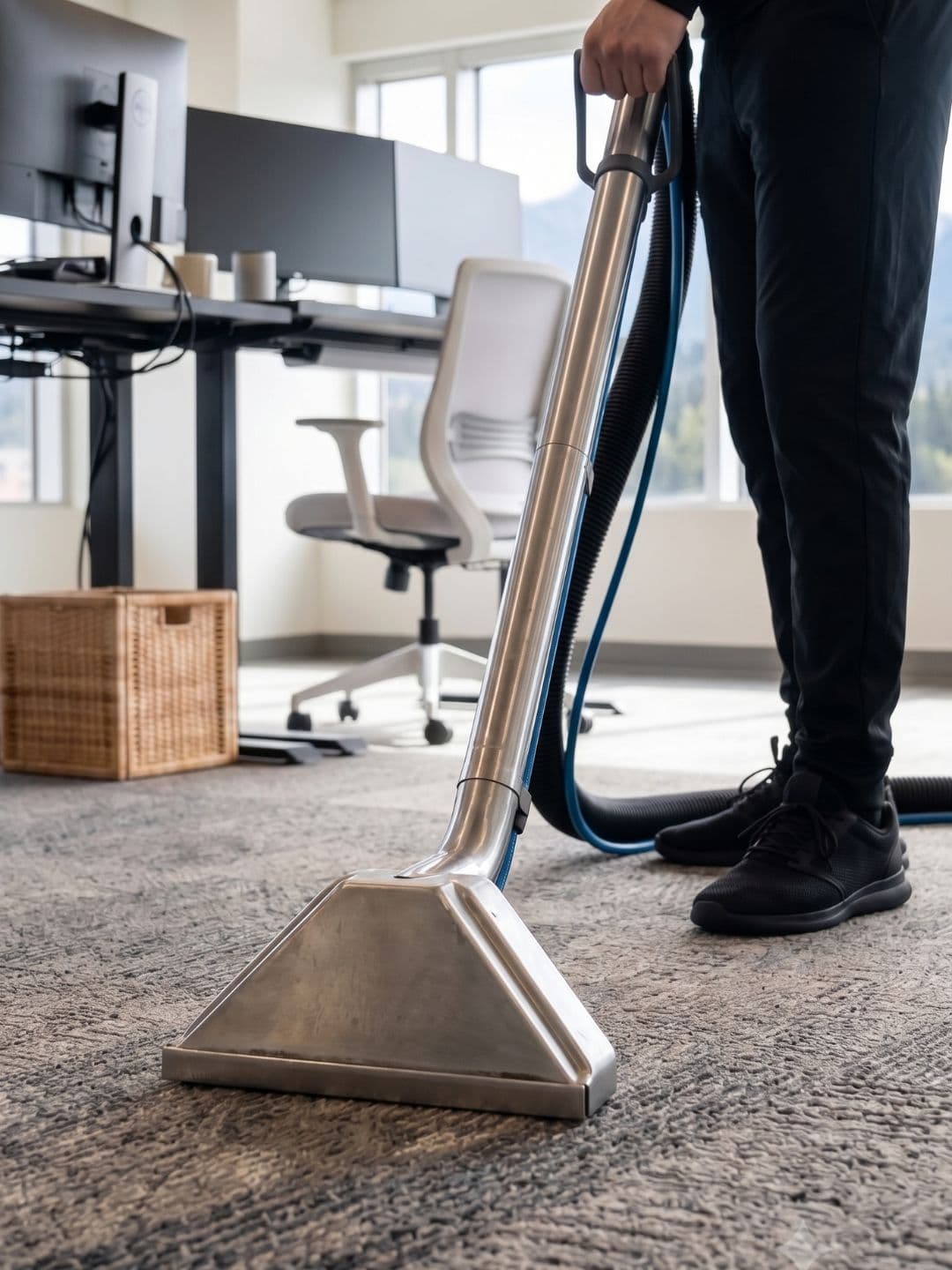 Professional commercial carpet cleaning in progress - Vancouver office hallway