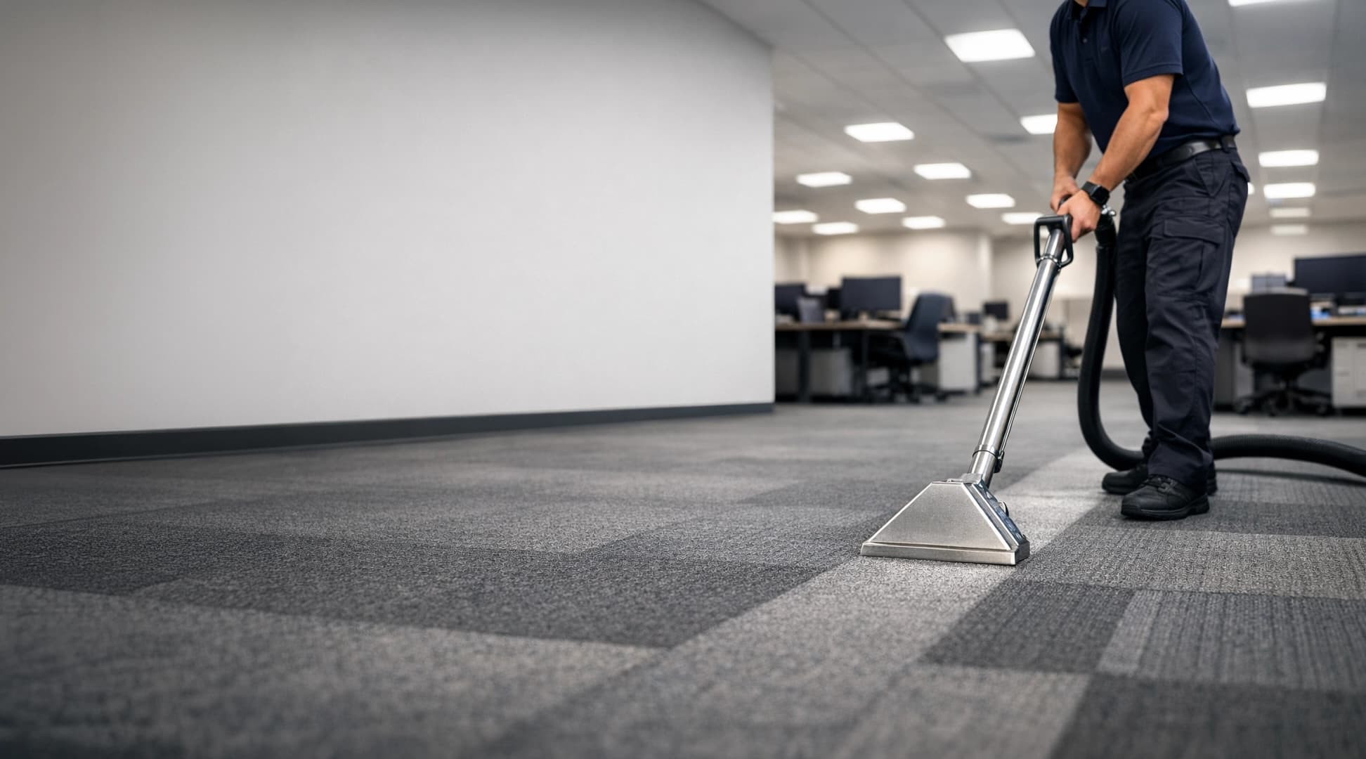Professional commercial carpet cleaning in progress - Vancouver office hallway